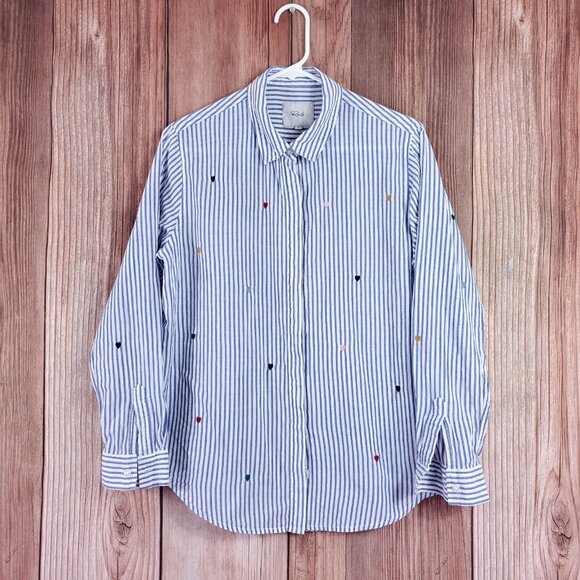 Rails Taylor Blue White Striped Shirt Womens Medium Rainbow Embroidered Hearts - Picture 2 of 15